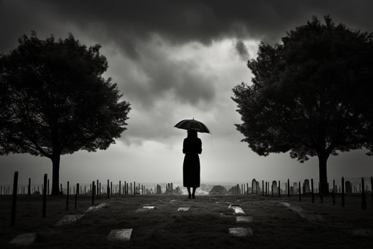 AI generated Beautiful young woman with umbrella in the cemetery photo