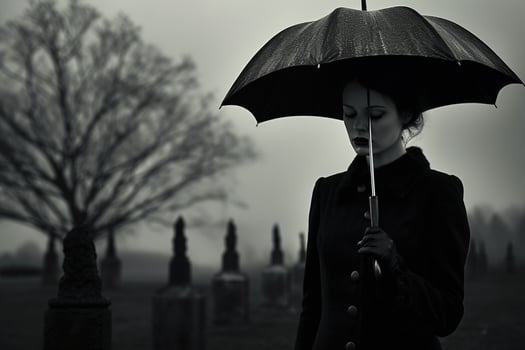 AI generated Beautiful young woman with umbrella in the cemetery photo