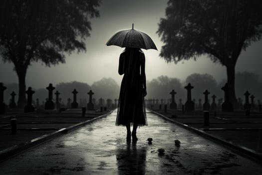 AI generated Beautiful young woman with umbrella in the cemetery photo