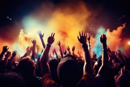 AI generated Cheering people in Music Festival, Live, rock concert, festival night club crowd cheering, stage lights and confetti falling. Cheering crowd in lights Ai generated photo