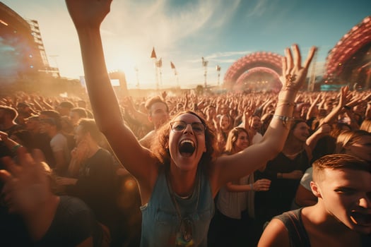 AI generated Cheering people in Music Festival, Live, rock concert, festival night club crowd cheering, stage lights and confetti falling. Cheering crowd in lights Ai generated photo