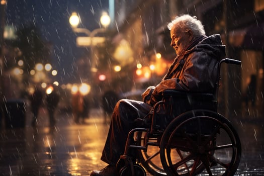 AI generated An old man is sitting in a wheelchair on a raining city ,Elderly man in a wheelchair on the background of the city, AI Generated photo