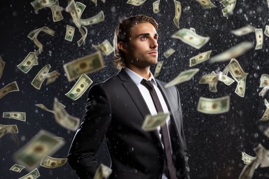 AI generated Man standing under money rain. A lot of money bank notes falling on man Ai generated photo