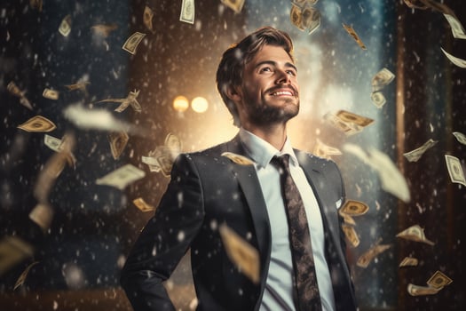 AI generated Man standing under money rain. A lot of money bank notes falling on man Ai generated photo