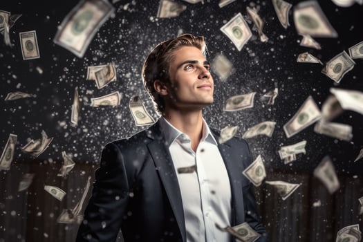 AI generated Man standing under money rain. A lot of money bank notes falling on man Ai generated photo