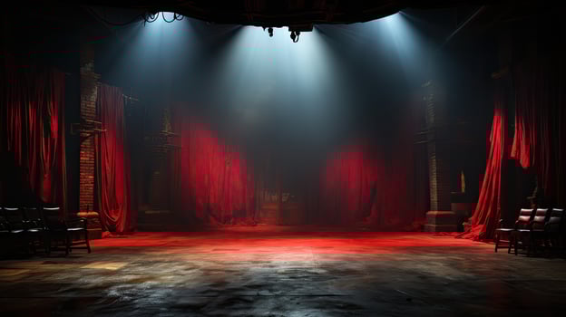 AI generated Dramatic Theater Stage with Red Curtains Under Spotlight photo