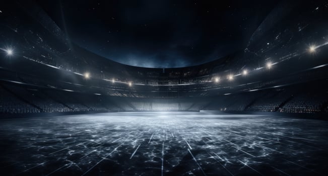AI generated a dark field in front of an arena with a hockey net standing in the middle in black photo