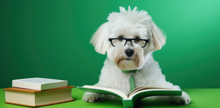AI generated a dog in glasses reads to the camera photo