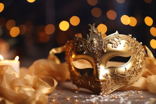 AI generated a yellow and gold masquerade mask with bling in gold and silver photo