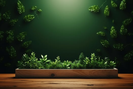AI generated empty board with green leaves surrounded by green wood photo