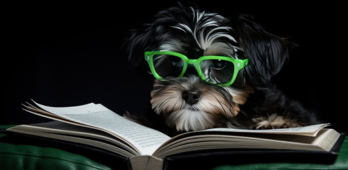 AI generated little dog in glasses reading the book photo