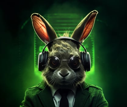 AI generated rabbit in headphones with glasses looking off into the distance photo