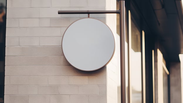 AI generated Generative AI, coffee shop street signboard mock up for logo design, brand presentation, aesthetic muted neutral colors, on the wall outdoor photo