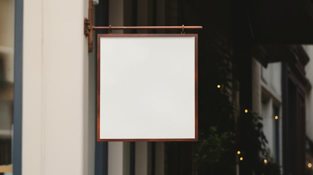 AI generated Generative AI, coffee shop street signboard mock up for logo design, brand presentation, aesthetic muted neutral colors, on the wall outdoor photo