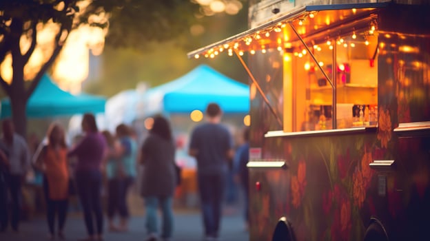 AI generated Generative AI, Food truck street festival, blurred lights background, atmospheric bokeh, muted colors photo