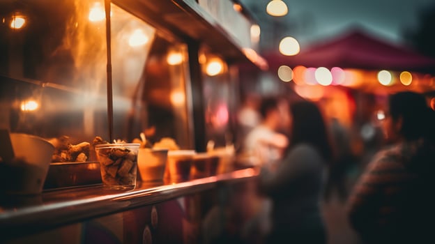 AI generated Generative AI, Food truck street festival, blurred lights background, atmospheric bokeh, muted colors photo