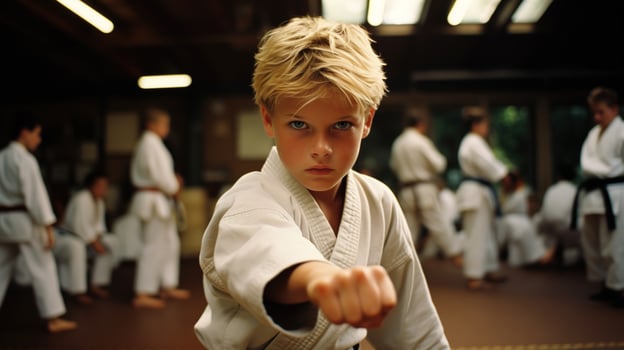 AI generated Generative AI, Child dressed in a white karate kimono, practice taekwondo, karate, judo photo