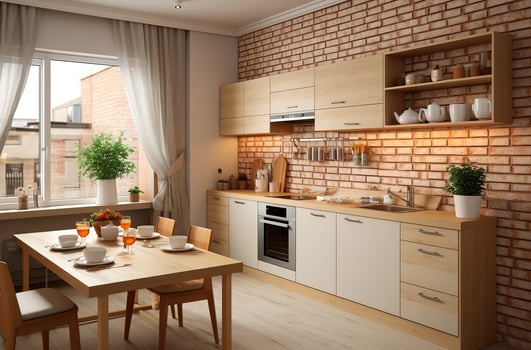 AI generated kitchen in white brick wall with wooden floor photo