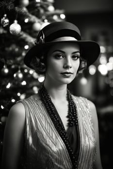 AI generated Retro Festivity 1920s Fashion Amidst a Christmas Tree Generative by AI photo
