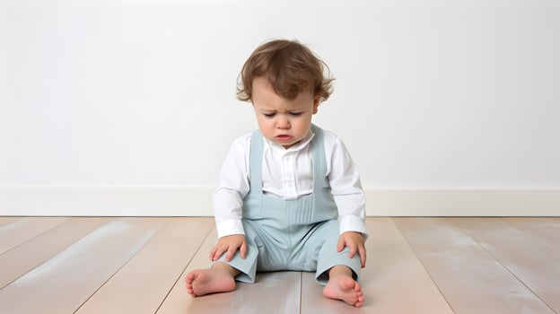 AI generated Sad little boy with mental trauma sitting on floor. photo