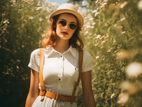 AI generated Summer vocations photography of the girl in the sunglasses. Woman in the hat and dress. High quality. AI Generative photo