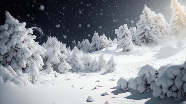 AI generated Fantastic winter landscape with snow covered trees. Dramatic scene. generative ai photo