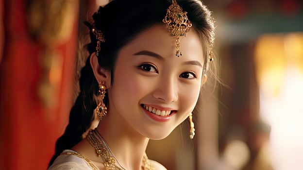 AI generated Chinese beautiful smiling girl with Chinese traditional cheongsam dressing on Chinese new year background photo