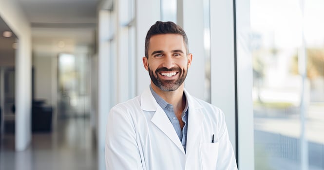 AI generated Portrait of mature male doctor wearing white coat standing in hospital lab photo