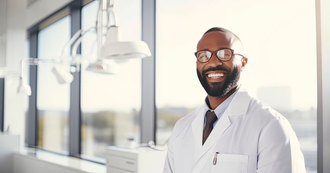 AI generated Portrait of mature male doctor wearing white coat standing in hospital lab photo
