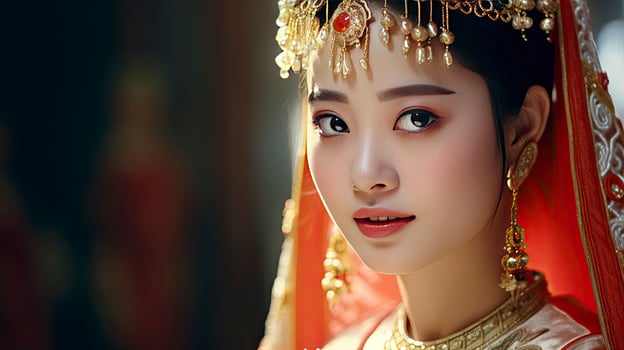 AI generated Chinese beautiful smiling girl with Chinese traditional cheongsam dressing on Chinese new year background photo