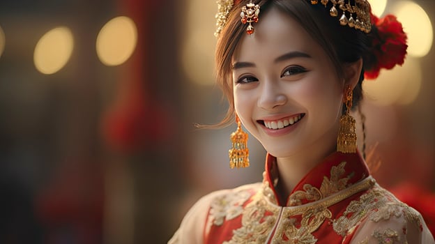 AI generated Chinese beautiful smiling girl with Chinese traditional cheongsam dressing on Chinese new year background photo