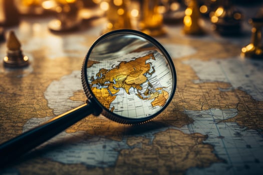 AI generated Magnifying glass searching country on map photo