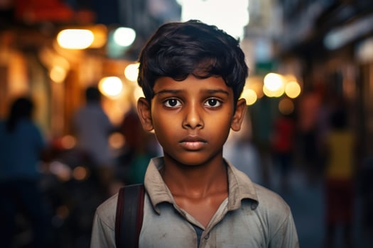 AI generated Portrait of tamil boy at busy indian or pakistan city street photo