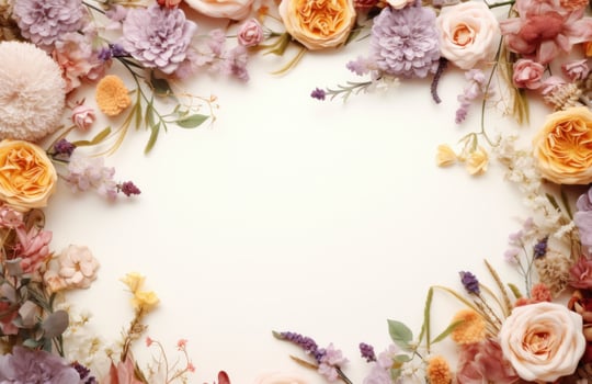 AI generated a frame decorated with purple and white flowers. photo