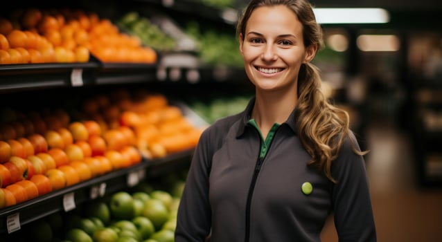 AI generated a woman smiling while holding her tablet in a produce section product photo