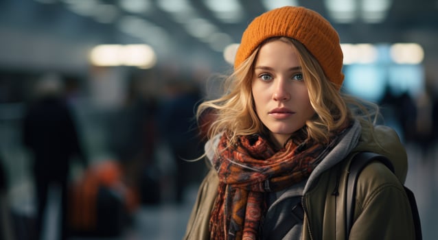 AI generated attractive young woman walking through airport photo