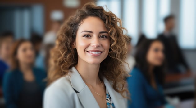 AI generated medical school female professor in a classroom smiling and smiling photo