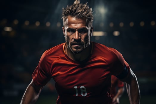 AI generated close-up of soccer player in action with red jersey in soccer stadium. photo