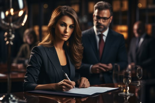 AI generated Business woman and man lawyer attorney showing document to man client providing advisory services, professionals discussing tax papers working in office at meeting. photo