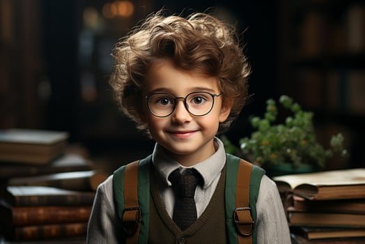 AI generated Smiling little boy with glasses .Elementary school child with book and bag. Back to school. generative ai photo