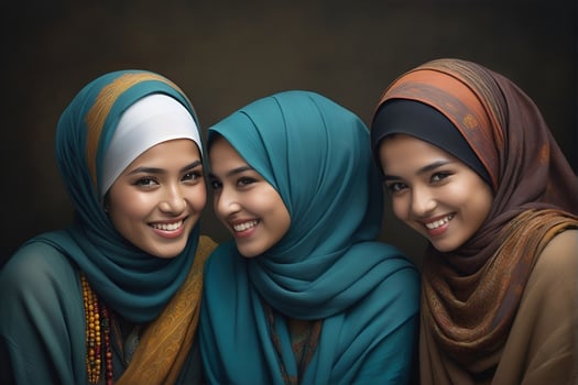 AI generated Beautiful group of Muslims women smiling and laughing wearing a hijab and decorated shawl photo