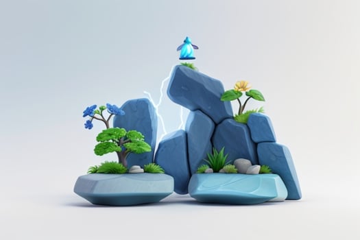 AI generated 3D display podium stone with flowers, green leaves, and rock for Presentation of the product. Pro Photo