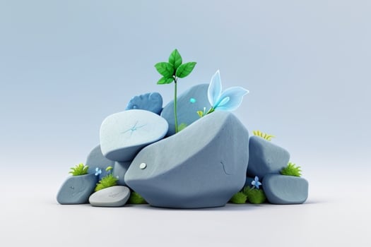 AI generated 3D display podium stone with flowers, green leaves, and rock for Presentation of the product. Pro Photo