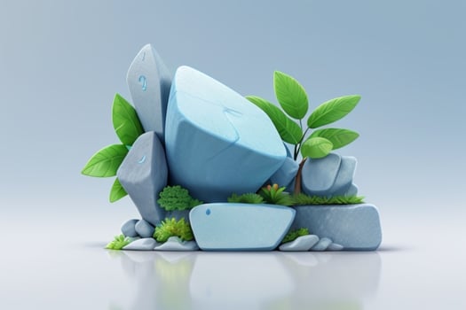 AI generated 3D display podium stone with flowers, green leaves, and rock for Presentation of the product. Pro Photo