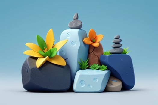 AI generated 3D display podium stone with flowers, green leaves, and rock for Presentation of the product. Pro Photo