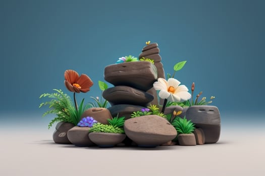 AI generated 3D display podium stone with flowers, green leaves, and rock for Presentation of the product. Pro Photo