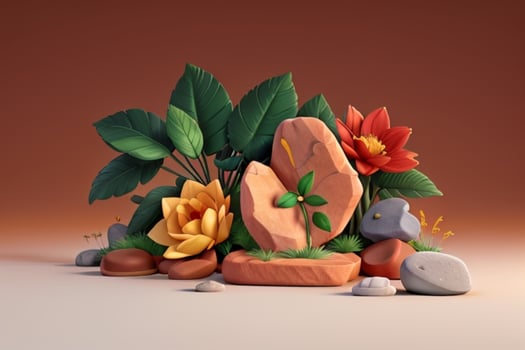 AI generated 3D display podium stone with flowers, green leaves, and rock for Presentation of the product. Pro Photo