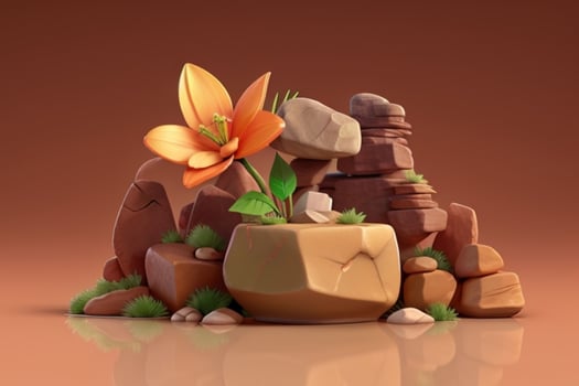 AI generated 3D display podium stone with flowers, green leaves, and rock for Presentation of the product. Pro Photo