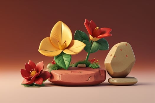 AI generated 3D display podium stone with flowers, green leaves, and rock for Presentation of the product. Pro Photo