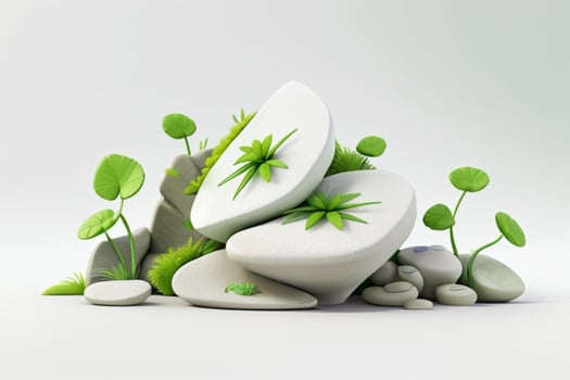 AI generated 3D display podium stone with flowers, green leaves, and rock for Presentation of the product. Pro Photo